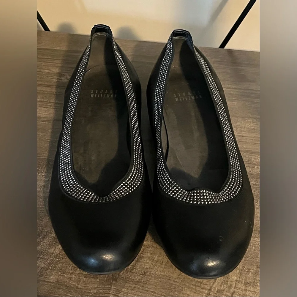 Stuart Weitzman Black Leather Embellished Ballet Flats SZ 8 - Picture 5 of 13